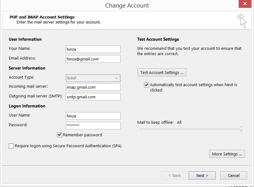 اضافه کردن Gmail به Outlook مرحله پنجم